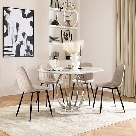 Savoy Round Dining Table & 4 Brooklyn Chairs, White Marble Effect & Chrome, Champagne Classic Velvet & Black Steel, 120cm