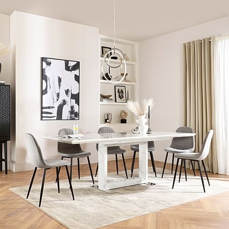 Tokyo Extending Dining Table & 4 Brooklyn Chairs, White Marble Effect, Grey Classic Velvet & Black Steel, 160-220cm