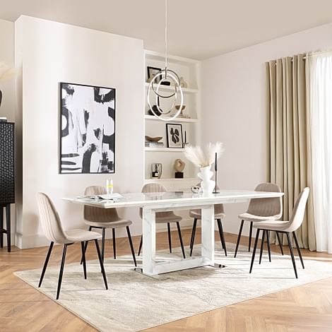 Tokyo Extending Dining Table & 6 Brooklyn Chairs, White Marble Effect, Champagne Classic Velvet & Black Steel, 160-220cm