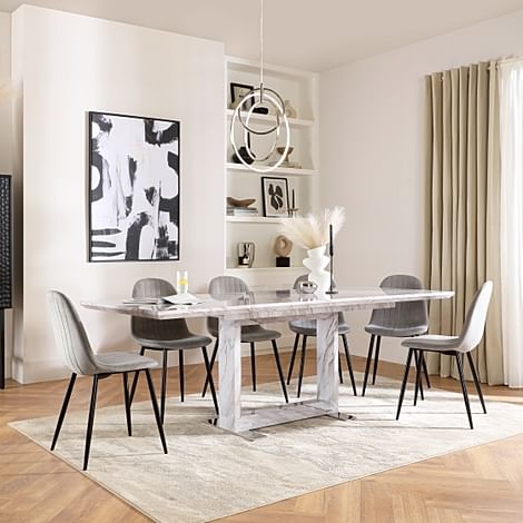 Tokyo Extending Dining Table & 4 Brooklyn Chairs, Grey Marble Effect, Grey Classic Velvet & Black Steel, 160-220cm