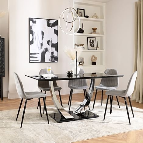 Peake Dining Table & 4 Brooklyn Chairs, Black Marble Effect & Chrome, Grey Classic Velvet & Black Steel, 160cm
