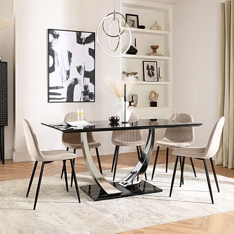 Peake Dining Table & 6 Brooklyn Chairs, Black Marble Effect & Chrome, Champagne Classic Velvet & Black Steel, 160cm