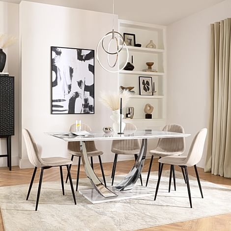 Peake Dining Table & 4 Brooklyn Chairs, White Marble Effect & Chrome, Champagne Classic Velvet & Black Steel, 160cm