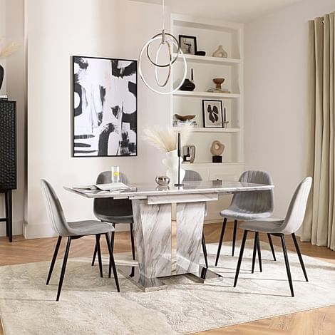 Vienna Extending Dining Table & 4 Brooklyn Chairs, Grey Marble Effect, Grey Classic Velvet & Black Steel, 120-160cm