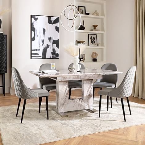 Florence Extending Dining Table & 4 Ricco Chairs, Grey Marble Effect, Grey Classic Velvet & Black Steel, 120-160cm