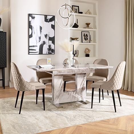 Florence Extending Dining Table & 4 Ricco Chairs, Grey Marble Effect, Champagne Classic Velvet & Black Steel, 120-160cm