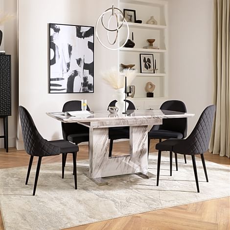 Florence Extending Dining Table & 4 Ricco Chairs, Grey Marble Effect, Black Classic Velvet & Black Steel, 120-160cm