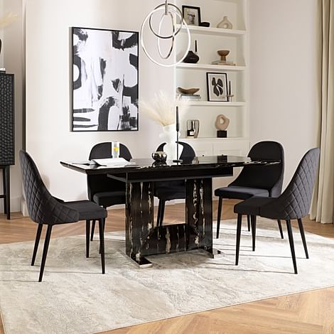 Florence Extending Dining Table & 4 Ricco Chairs, Black Marble Effect, Black Classic Velvet & Black Steel, 120-160cm