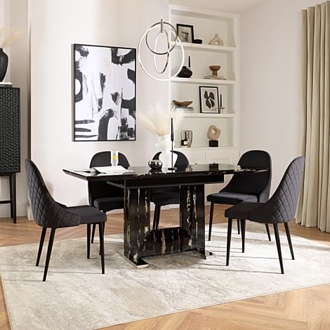 Florence Extending Dining Table & 6 Ricco Chairs, Black Marble Effect, Black Classic Velvet & Black Steel, 120-160cm