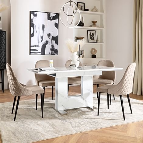 Florence Extending Dining Table & 4 Ricco Chairs, White Marble Effect, Champagne Classic Velvet & Black Steel, 120-160cm