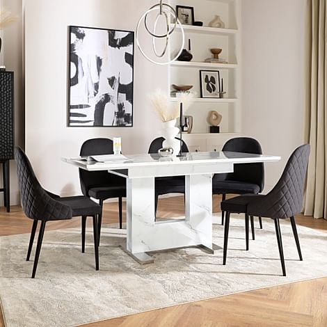 Florence Extending Dining Table & 4 Ricco Chairs, White Marble Effect, Black Classic Velvet & Black Steel, 120-160cm