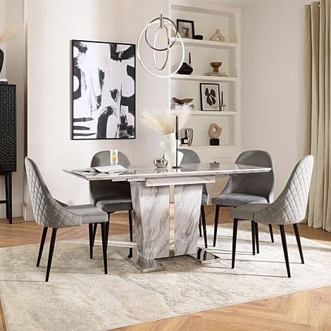 Vienna Extending Dining Table & 4 Ricco Chairs, Grey Marble Effect, Grey Classic Velvet & Black Steel, 120-160cm