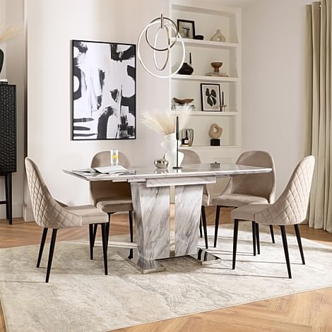 Vienna Extending Dining Table & 4 Ricco Chairs, Grey Marble Effect, Champagne Classic Velvet & Black Steel, 120-160cm
