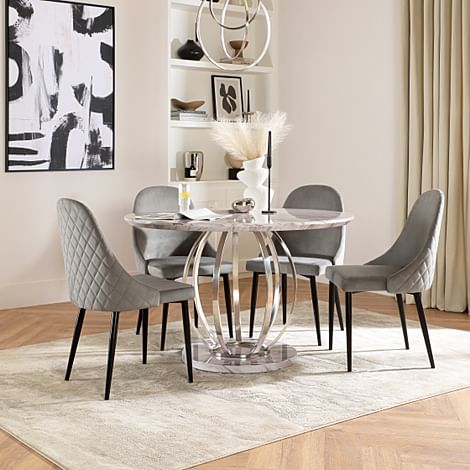 Savoy Round Dining Table & 4 Ricco Chairs, Grey Marble Effect & Chrome, Grey Classic Velvet & Black Steel, 120cm