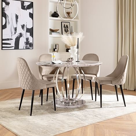 Savoy Round Dining Table & 4 Ricco Chairs, Grey Marble Effect & Chrome, Champagne Classic Velvet & Black Steel, 120cm