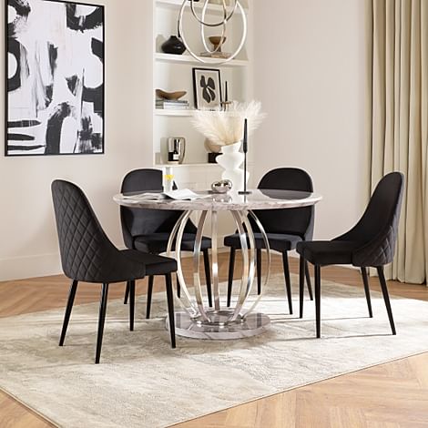 Savoy Round Dining Table & 4 Ricco Chairs, Grey Marble Effect & Chrome, Black Classic Velvet & Black Steel, 120cm