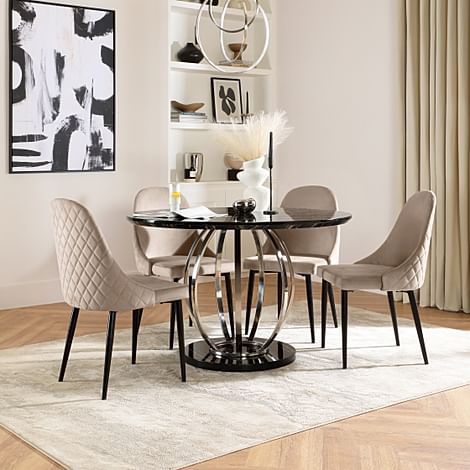 Savoy Round Dining Table & 4 Ricco Chairs, Black Marble Effect & Chrome, Champagne Classic Velvet & Black Steel, 120cm