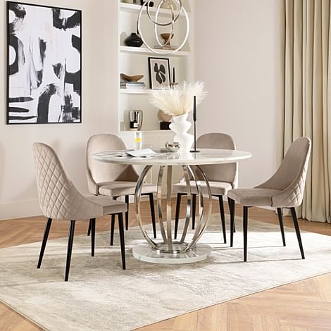 Savoy Round Dining Table & 4 Ricco Chairs, White Marble Effect & Chrome, Champagne Classic Velvet & Black Steel, 120cm