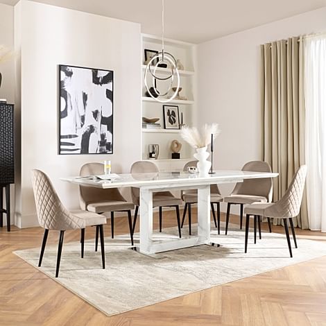 Tokyo Extending Dining Table & 4 Ricco Chairs, White Marble Effect, Champagne Classic Velvet & Black Steel, 160-220cm