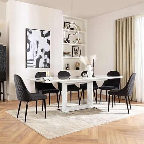 Tokyo Extending Dining Table & 4 Ricco Chairs, White Marble Effect, Black Classic Velvet & Black Steel, 160-220cm
