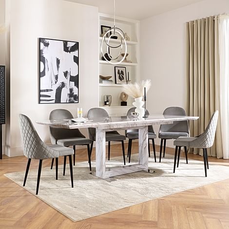 Tokyo Extending Dining Table & 8 Ricco Chairs, Grey Marble Effect, Grey Classic Velvet & Black Steel, 160-220cm