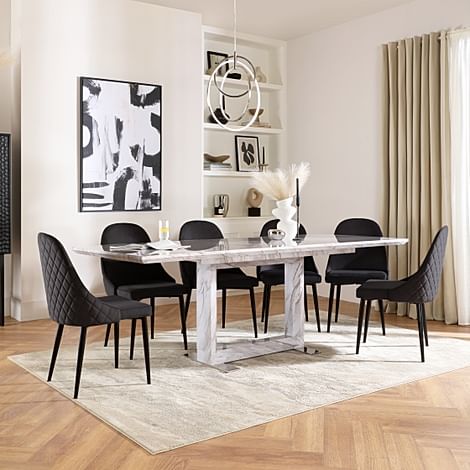Tokyo Extending Dining Table & 4 Ricco Chairs, Grey Marble Effect, Black Classic Velvet & Black Steel, 160-220cm