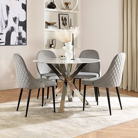 Plaza Round Dining Table & 4 Ricco Chairs, White Marble Effect & Chrome, Grey Classic Velvet & Black Steel, 110cm