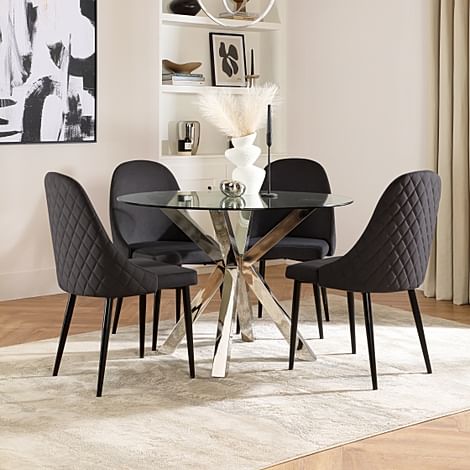 Plaza Round Dining Table & 4 Ricco Chairs, Glass & Chrome, Black Classic Velvet & Black Steel, 110cm