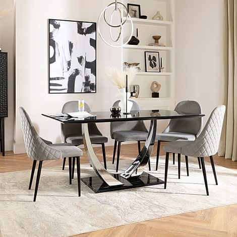 Peake Dining Table & 4 Ricco Chairs, Black Marble Effect & Chrome, Grey Classic Velvet & Black Steel, 160cm