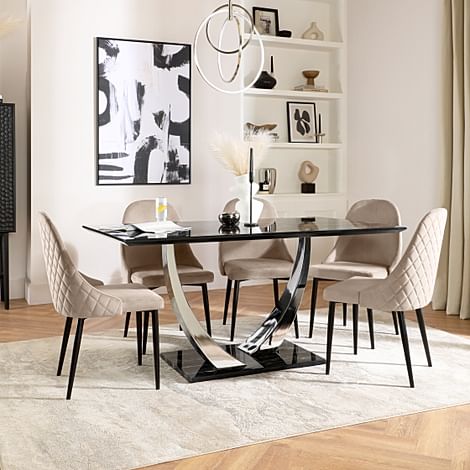Peake Dining Table & 4 Ricco Chairs, Black Marble Effect & Chrome, Champagne Classic Velvet & Black Steel, 160cm