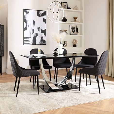 Peake Dining Table & 6 Ricco Chairs, Black Marble Effect & Chrome, Black Classic Velvet & Black Steel, 160cm
