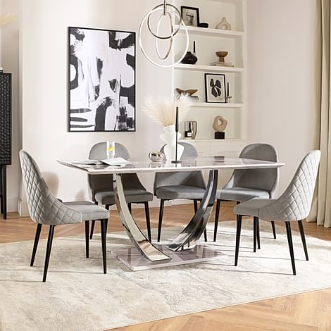 Peake Dining Table & 4 Ricco Chairs, Grey Marble Effect & Chrome, Grey Classic Velvet & Black Steel, 160cm
