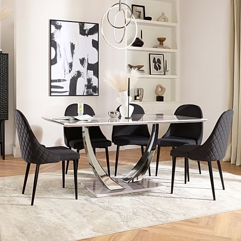 Peake Dining Table & 6 Ricco Chairs, Grey Marble Effect & Chrome, Black Classic Velvet & Black Steel, 160cm