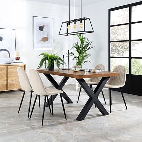 Franklin Industrial Dining Table & 4 Brooklyn Chairs, Dark Oak Veneer & Black Steel, Ivory Classic Plush Fabric, 150cm