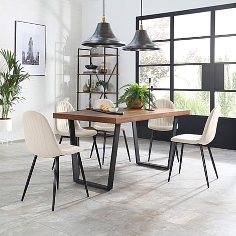 Addison Industrial Dining Table & 6 Brooklyn Chairs, Dark Oak Veneer & Black Steel, Ivory Classic Plush Fabric, 150cm