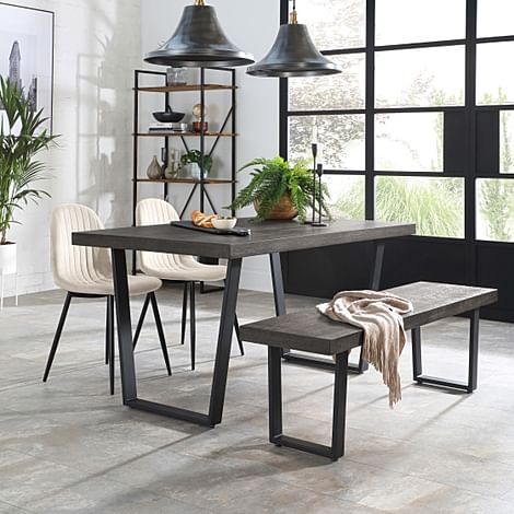 Addison Dining Table, Bench & 2 Brooklyn Chairs, Grey Oak Veneer & Black Steel, Ivory Classic Plush Fabric, 150cm