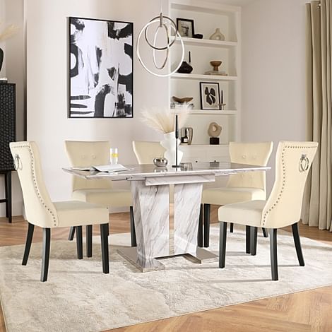 Vienna Extending Dining Table & 4 Kensington Chairs, Grey Marble Effect, Ivory Classic Plush Fabric & Black Solid Hardwood, 120-160cm