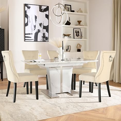 Vienna Extending Dining Table & 4 Kensington Chairs, White Marble Effect, Ivory Classic Plush Fabric & Black Solid Hardwood, 120-160cm