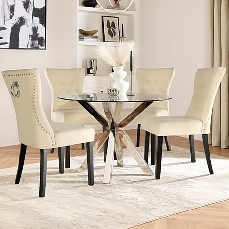 Plaza Round Dining Table & 4 Kensington Chairs, Glass & Chrome, Ivory Classic Plush Fabric & Black Solid Hardwood, 110cm
