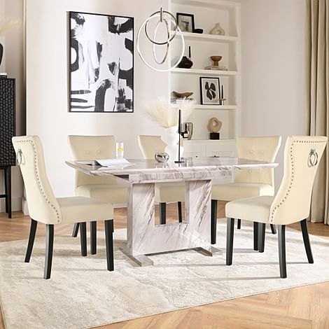 Florence Extending Dining Table & 4 Kensington Chairs, Grey Marble Effect, Ivory Classic Plush Fabric & Black Solid Hardwood, 120-160cm