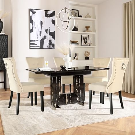 Florence Extending Dining Table & 4 Kensington Chairs, Black Marble Effect, Ivory Classic Plush Fabric & Black Solid Hardwood, 120-160cm