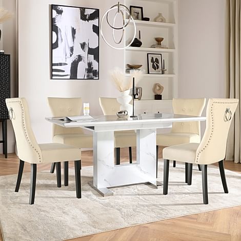 Florence Extending Dining Table & 4 Kensington Chairs, White Marble Effect, Ivory Classic Plush Fabric & Black Solid Hardwood, 120-160cm