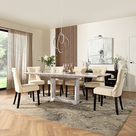 Tokyo Extending Dining Table & 8 Kensington Chairs, Grey Marble Effect, Ivory Classic Plush Fabric & Black Solid Hardwood, 160-220cm
