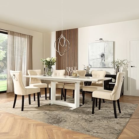 Tokyo Extending Dining Table & 4 Kensington Chairs, White High Gloss, Ivory Classic Plush Fabric & Black Solid Hardwood, 160-220cm
