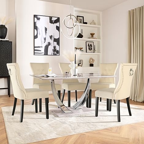 Peake Dining Table & 4 Kensington Chairs, Grey Marble Effect & Chrome, Ivory Classic Plush Fabric & Black Solid Hardwood, 160cm