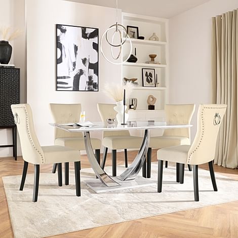 Peake Dining Table & 4 Kensington Chairs, White High Gloss & Chrome, Ivory Classic Plush Fabric & Black Solid Hardwood, 160cm
