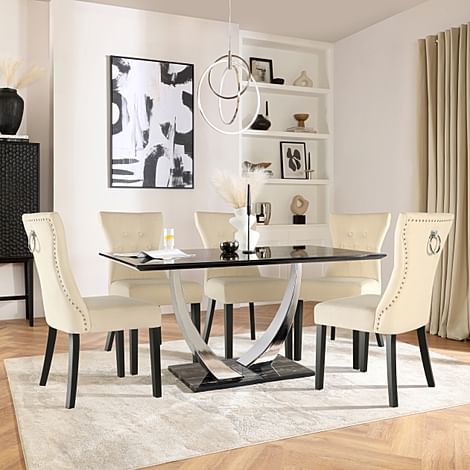 Peake Dining Table & 4 Kensington Chairs, Black Marble Effect & Chrome, Ivory Classic Plush Fabric & Black Solid Hardwood, 160cm