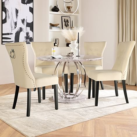 Savoy Dining Table & 4 Kensington Chairs, Grey Marble Effect, Ivory Classic Plush Fabric & Black Solid Hardwood, 160cm