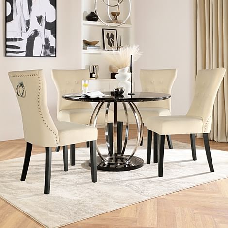 Savoy Dining Table & 4 Kensington Chairs, Black Marble Effect, Ivory Classic Plush Fabric & Black Solid Hardwood, 160cm