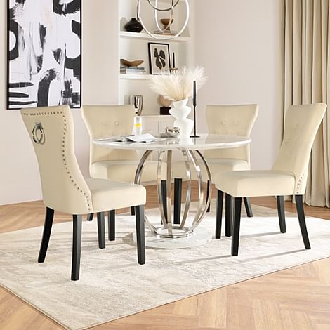 Savoy Dining Table & 4 Kensington Chairs, White Marble Effect, Ivory Classic Plush Fabric & Black Solid Hardwood, 160cm